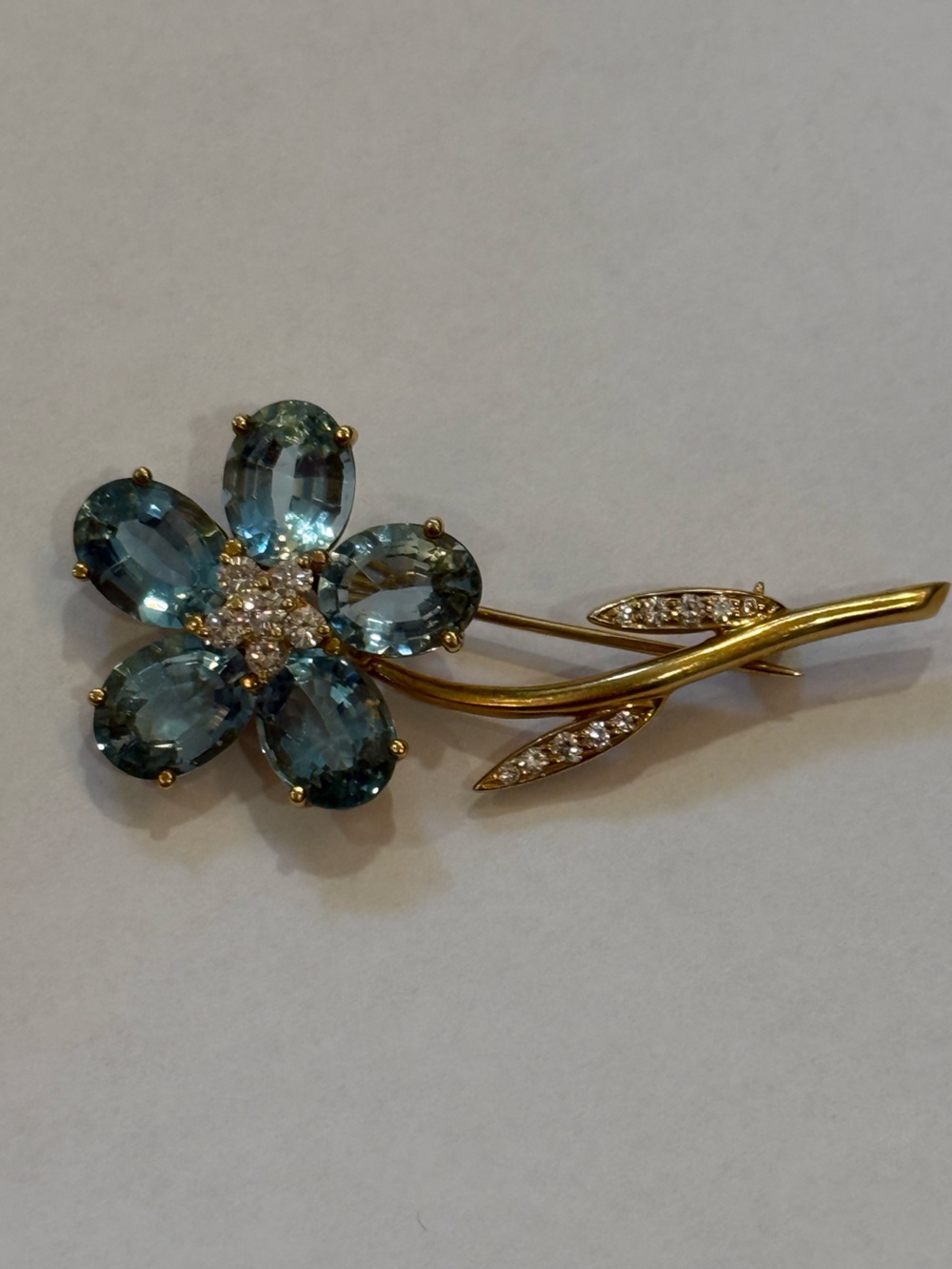Tiffany & Co 24ct Gold  Aquamarine  and Diamond flower Brooch.
